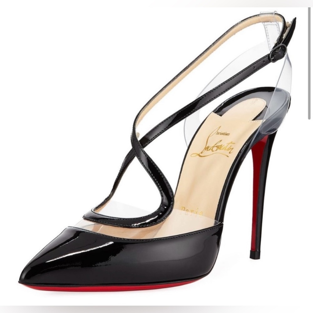 Christian Louboutin Black Patent Leather Pointed Slingback Heels with Red Sole